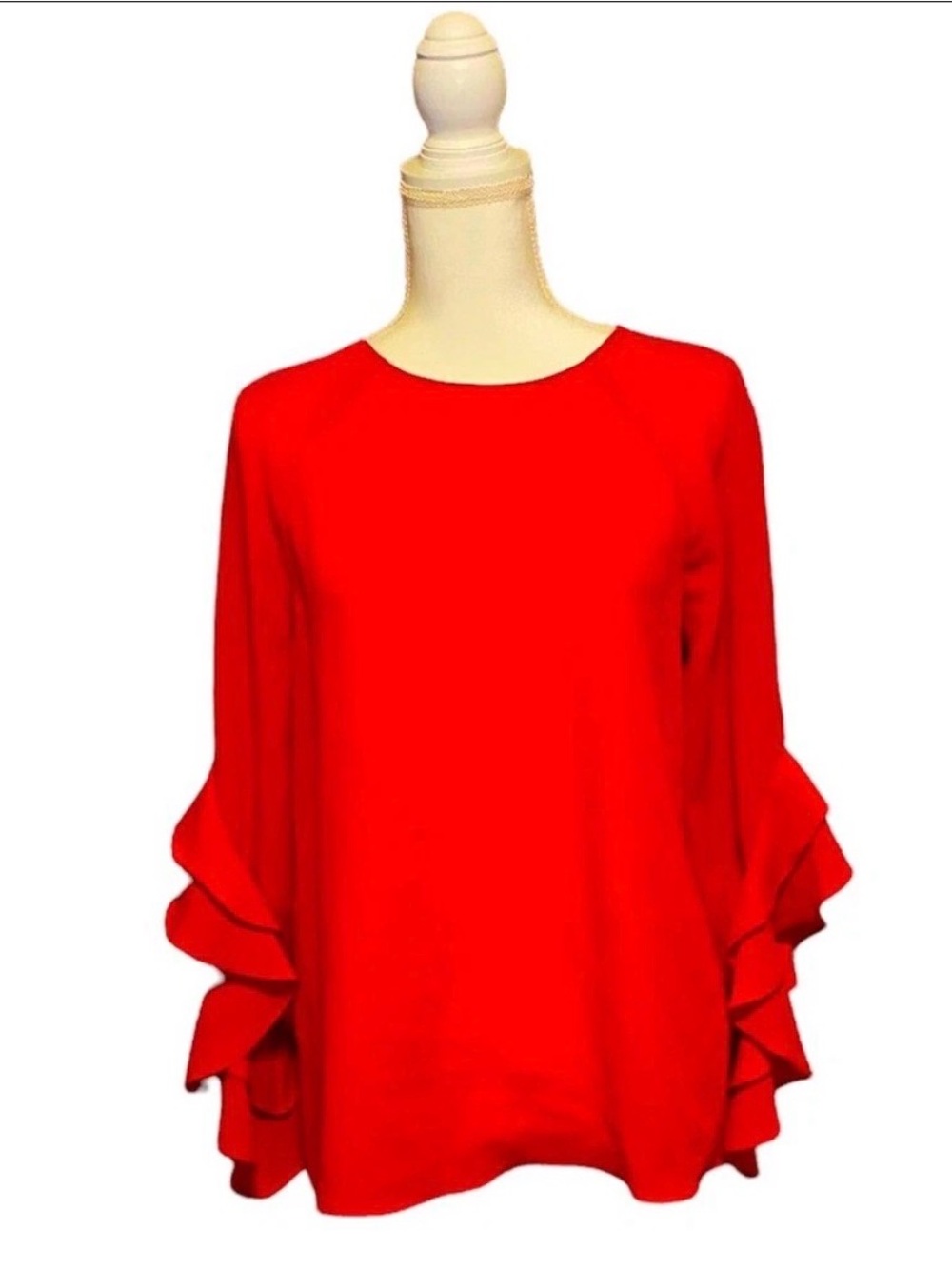 Daniel Cremieux Womens XS Red Ruffle Bell Sleeve Blouse Layered Flowy Career Top